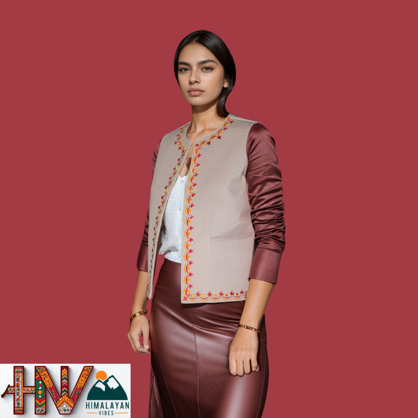 Hand-Embroidered Tan Color Himachali Sadri (Jacket) for Women - Martin Fabric Ethnic Half Jacket with Pockets