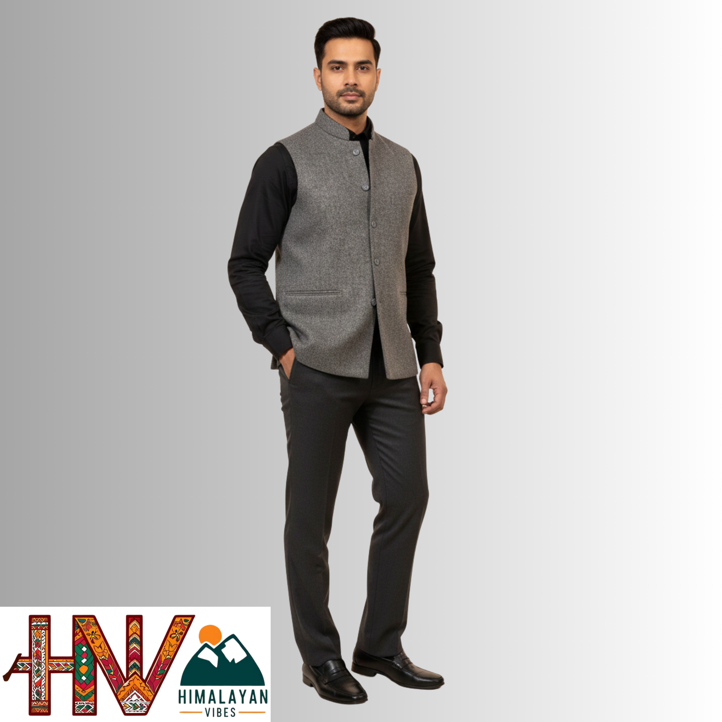 Handcrafted Dark Grey Woolen Jacket for Men | Traditional Himachali Craft | Stylish Winter & Formal Wear