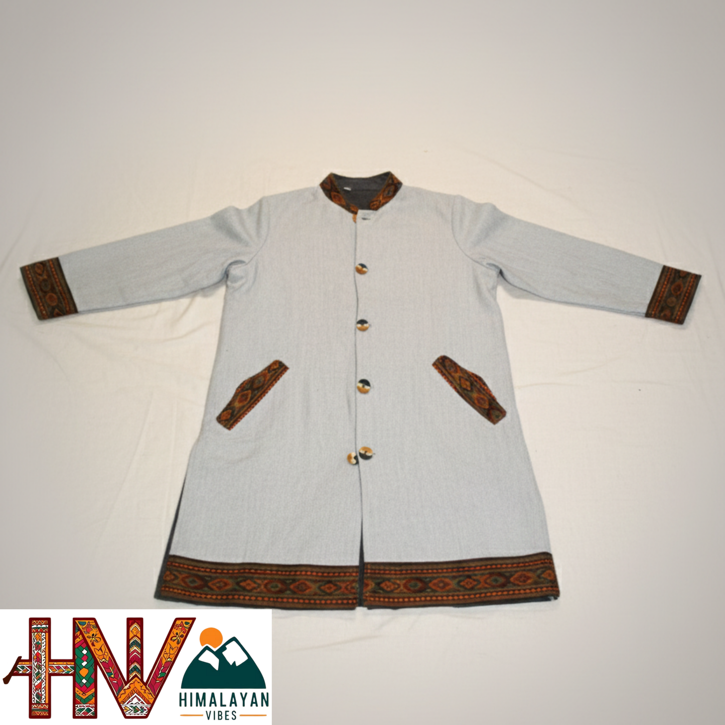 Himalayan Vibes Women Long Woolen Jacket - Authentic Kullu Patti Trimmed Coat