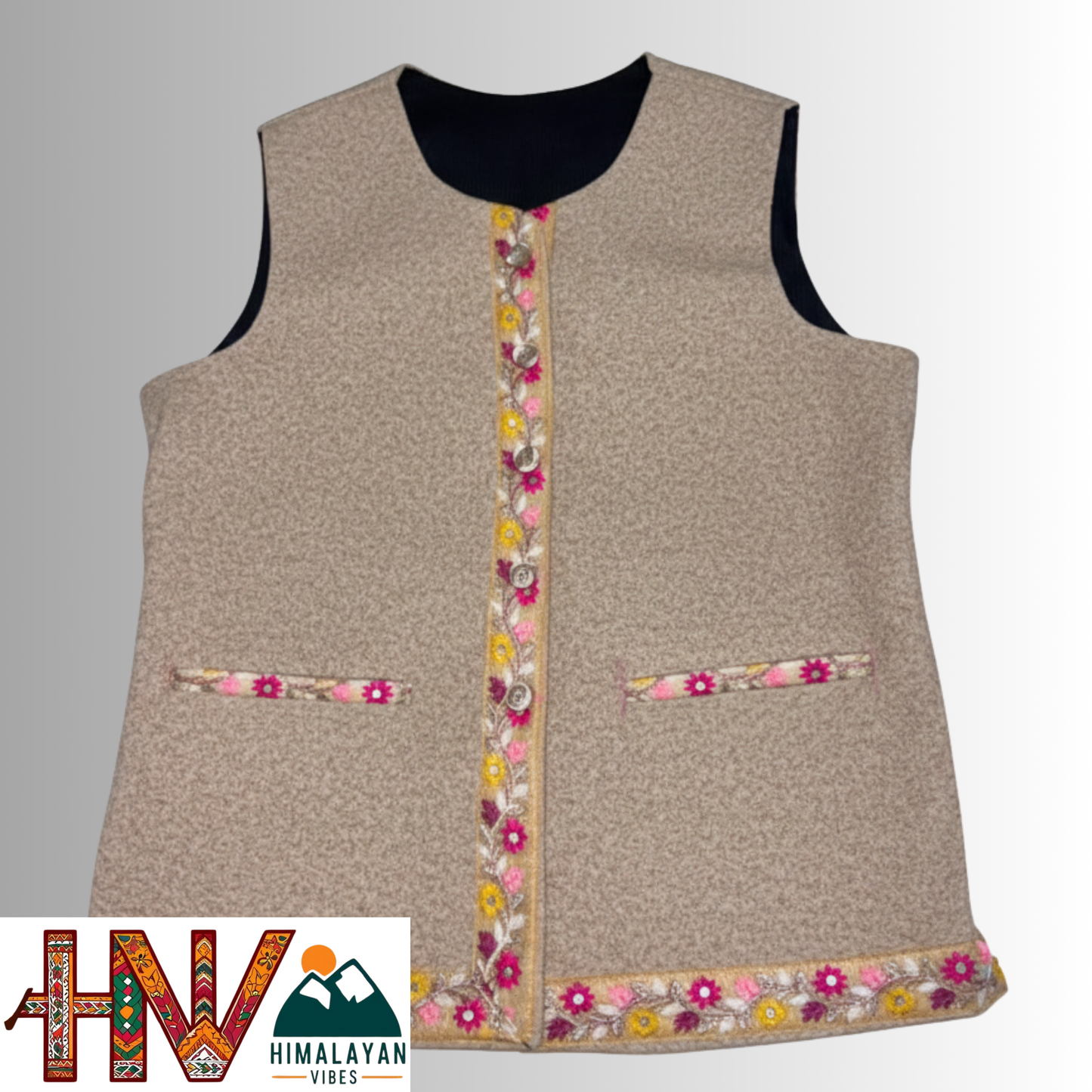 Himachali Cream Sadri with embroidered Lace for Women - Martin Fabric Ethnic Half Jacket with Pockets