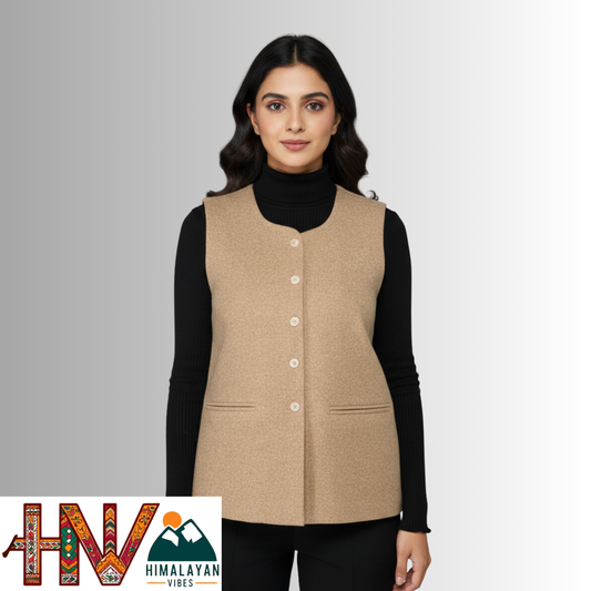 Himalayan Vibes Beige Women's Tweed Sadri - Sleeveless Nehru Jacket
