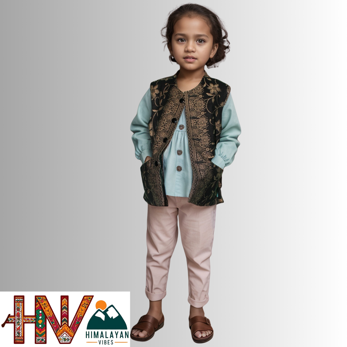 Authentic Mother-Daughter Black Shawl Fabric Sadri Combo with Flower pattern | Matching Floral Handloom Himachali Nehru Jacket Set