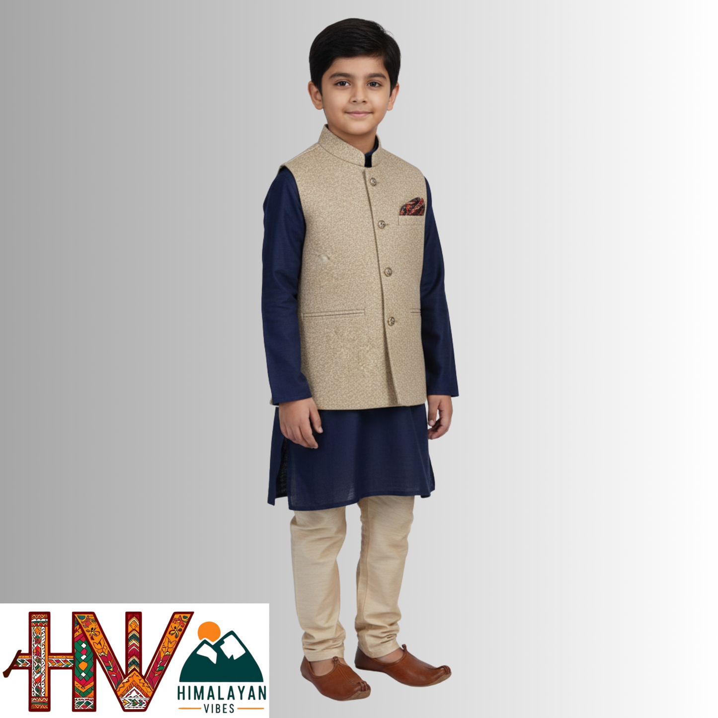 Boys Sleeveless Nehru Jacket in Martin Fabric – Handcrafted Himachali Wool Blend Ethnic Waistcoat with Pocket Square