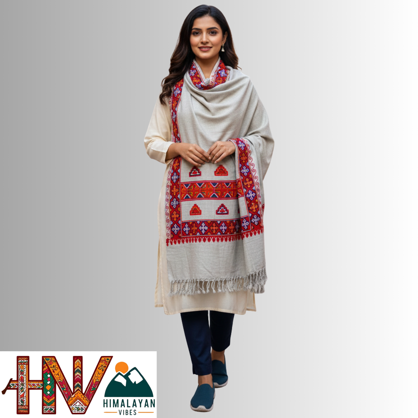 Handwoven cream Kinnauri Woolen Stole with Traditional Kinnauri Patti Geometric Motifs with red Border– Handwoven Elegance By Himalayan Vibes