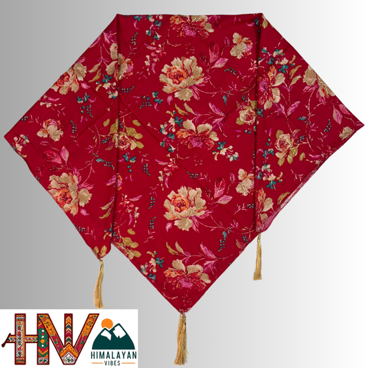 Himalayan Vibes Red Color Himachali Dhatu with Flower Print - Handcrafted Traditional Head Scarf from Himalayas