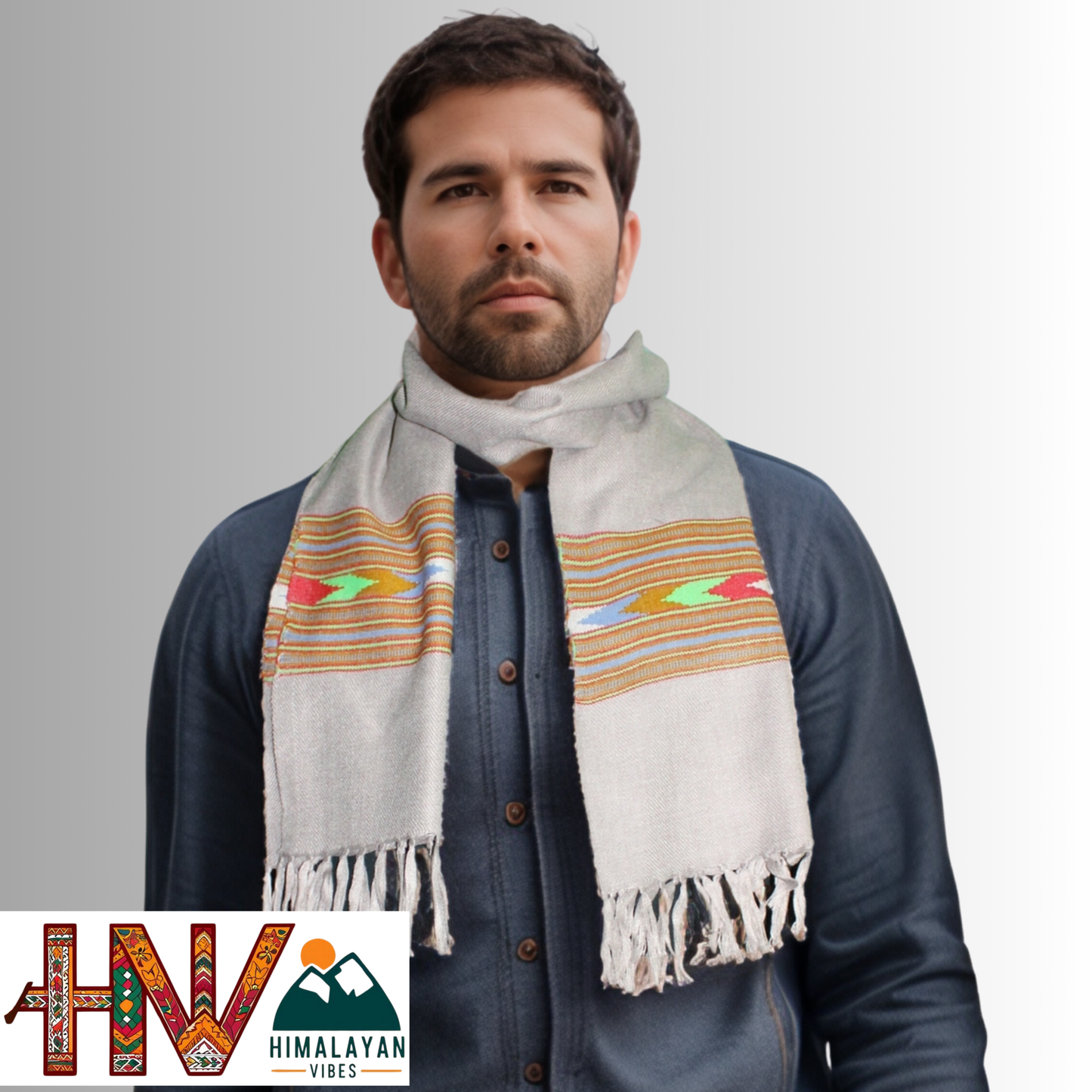 Traditional Kullu Patti Design Wool Muffler | Smoky Lavender Handloom Scarf with Vibrant Geometric Strip By Himalayan Vibes