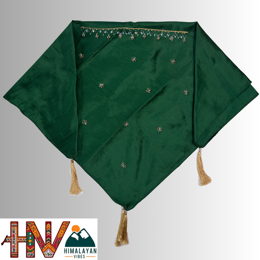 Handcrafted Himachali Green Brocade Silk Dhatu with Gold Embroidery – A Unique Embroidered Head Scarf