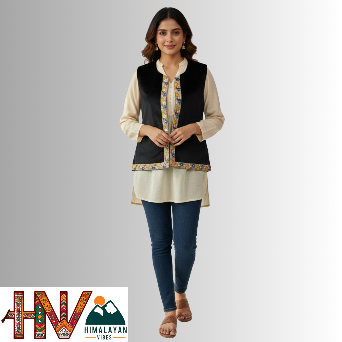 Himachali Black Sadri with embroidered Lace for Women - Martin Fabric Ethnic Half Jacket with Pockets