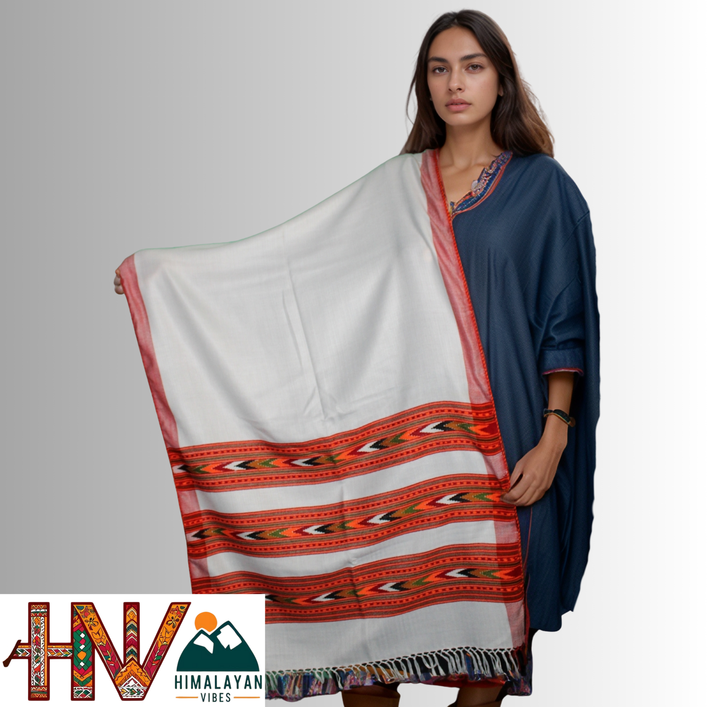 Handwoven white Kullu Woolen Stole with Traditional Kullu Patti Design in Vibrant Orange and Red Border– Handwoven Elegance By Himalayan Vibes