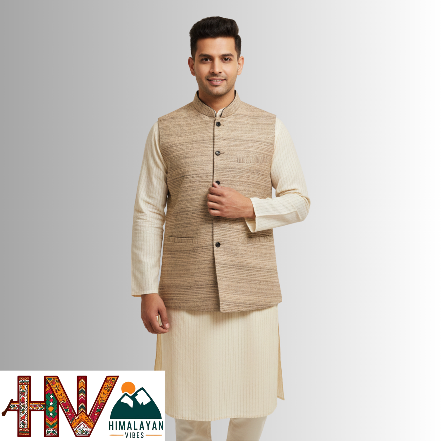Handcrafted Himalayan Vibes Natural Beige Woolen Nehru Jacket for Men | Traditional Himachali Craft | Stylish Winter & Formal Wear