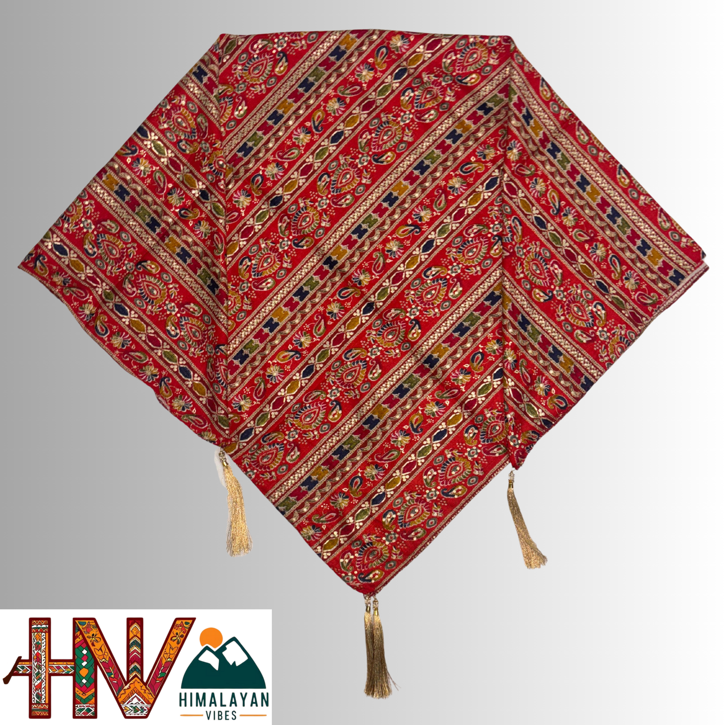 Himalayan Vibes Red Color Himachali Dhatu with Intricate Design - Handcrafted Traditional Head Scarf from Himalayas