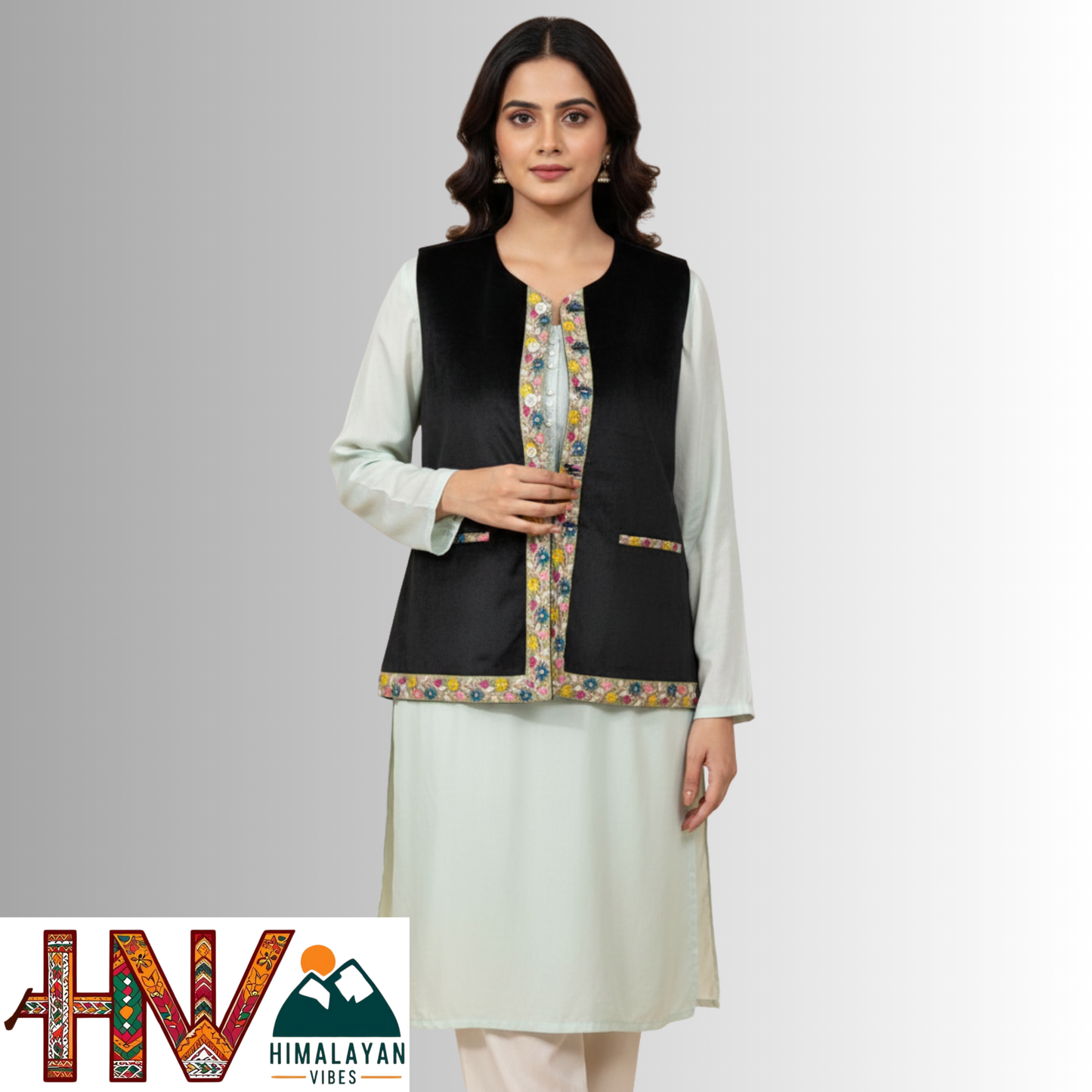 Himachali Black Sadri with embroidered Lace for Women - Martin Fabric Ethnic Half Jacket with Pockets