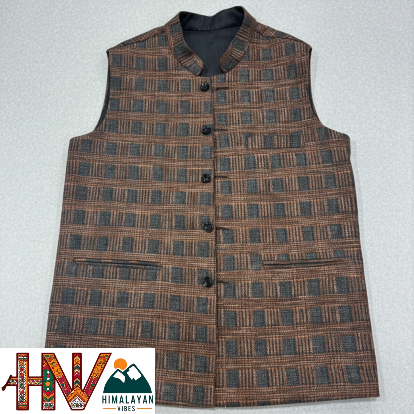 Handcrafted Himalayan Vibes Chestnut Brown Checkered Winter Jacket Men | Traditional Himachali Craft | Stylish Winter & Formal Wear