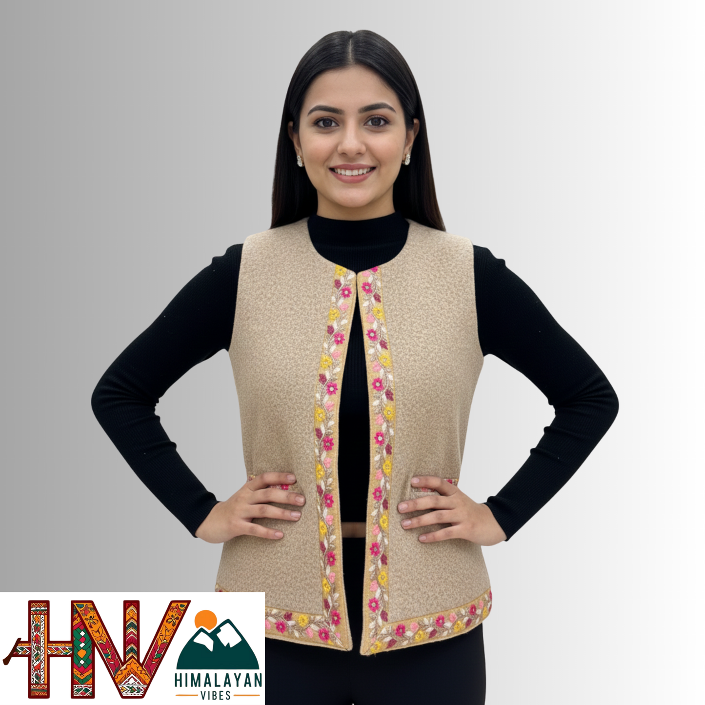 Himachali Cream Sadri with embroidered Lace for Women - Martin Fabric Ethnic Half Jacket with Pockets