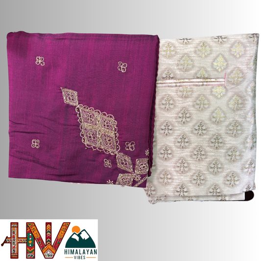 White brocade silk sadri & wine embroidered dhatu combo