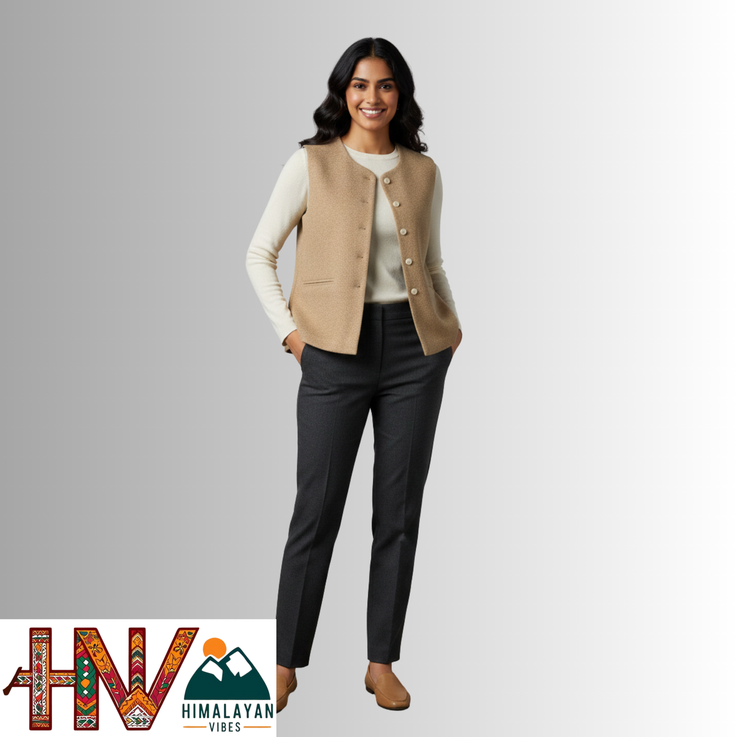 Himalayan Vibes Beige Women's Tweed Sadri - Sleeveless Nehru Jacket