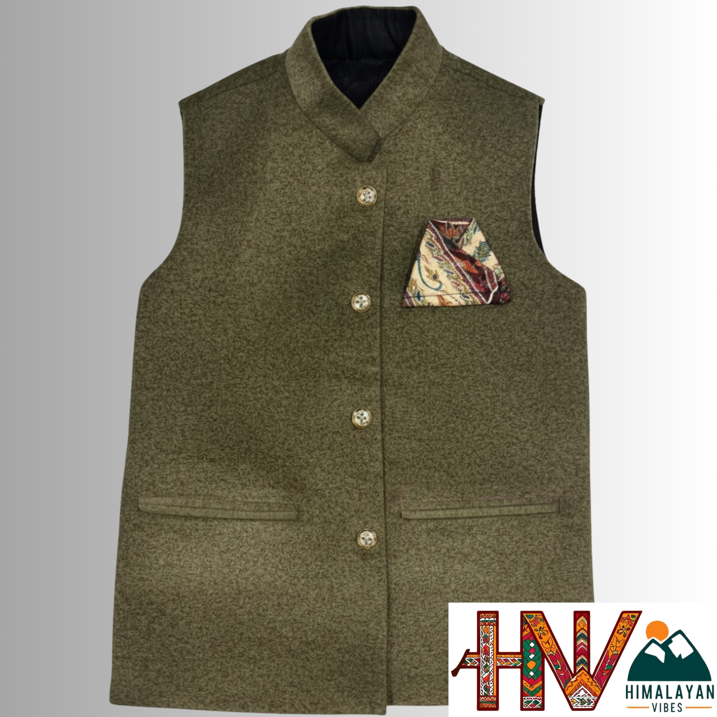 Boys Sleeveless Olive Green Nehru Jacket in Martin Fabric – Handcrafted Himachali Ethnic Waistcoat with Decorative Pocket Square