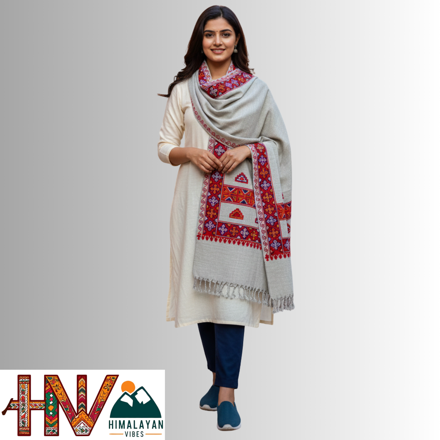 Handwoven cream Kinnauri Woolen Stole with Traditional Kinnauri Patti Geometric Motifs with red Border– Handwoven Elegance By Himalayan Vibes