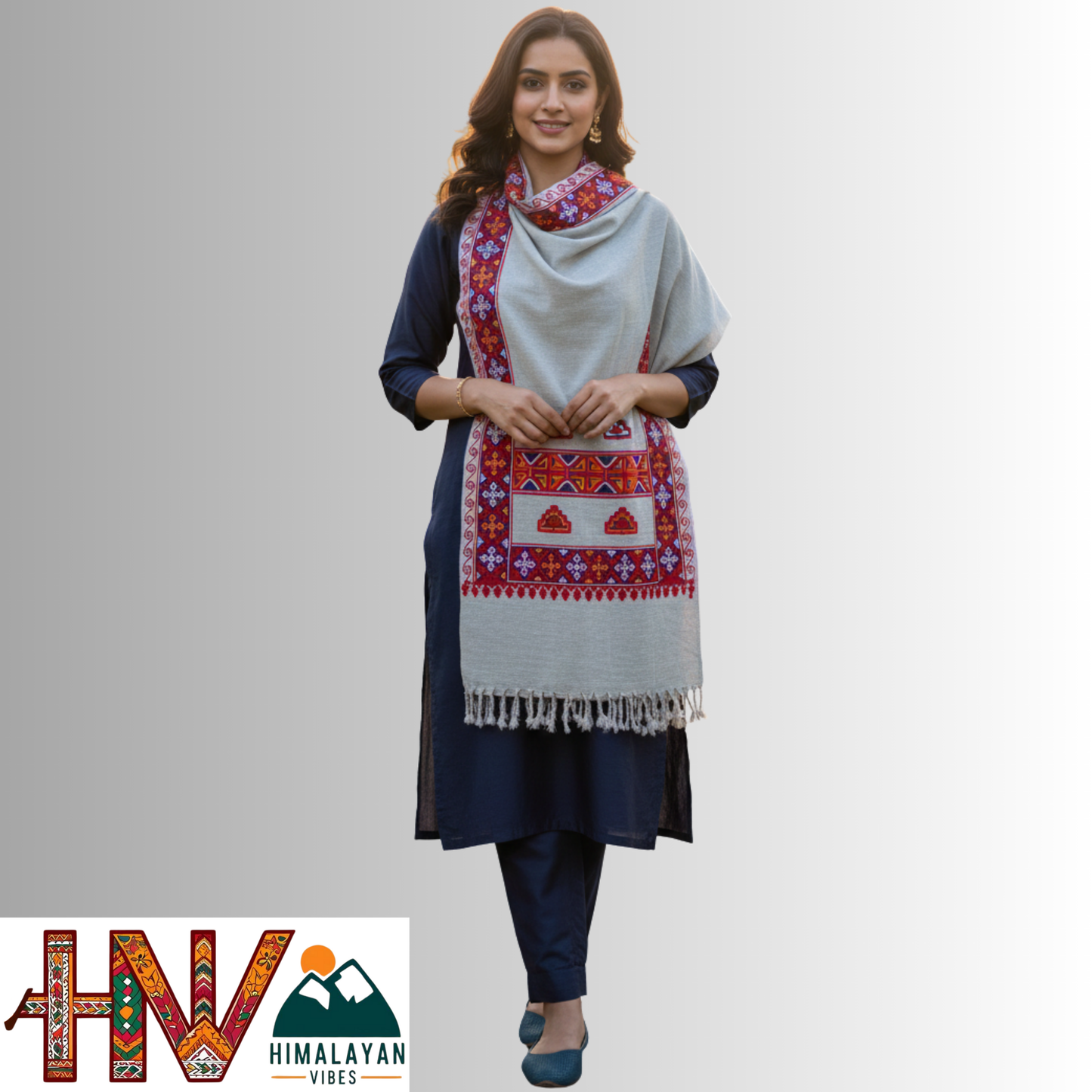 Handwoven cream Kinnauri Woolen Stole with Traditional Kinnauri Patti Geometric Motifs with red Border– Handwoven Elegance By Himalayan Vibes