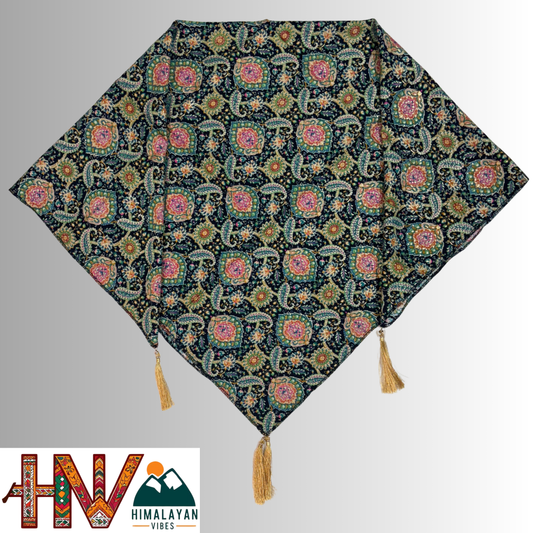 Himalayan Vibes Dark Blue Color Himachali Dhatu with Green Print - Handcrafted Traditional Head Scarf from Himalayas