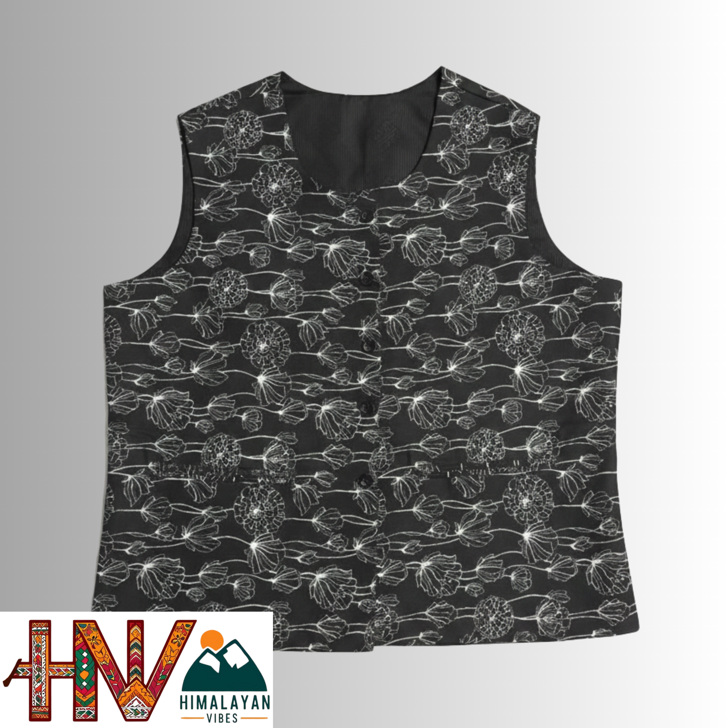 Himalayan Vibes Women's Pashmina Mix Sadri - Black & White Floral Print