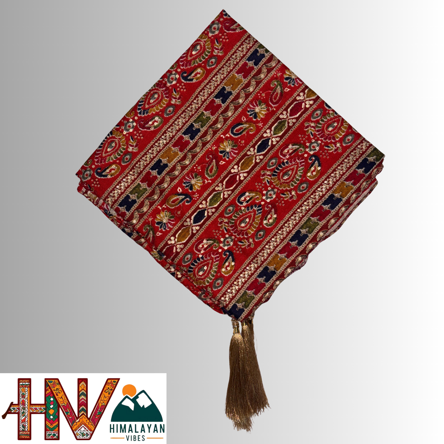 Himalayan Vibes Red Color Himachali Dhatu with Intricate Design - Handcrafted Traditional Head Scarf from Himalayas