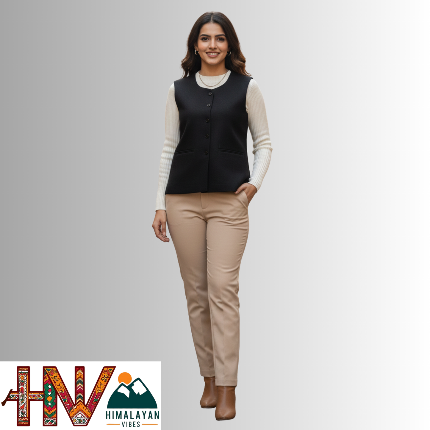 Himalayan Vibes Women's Plain Black Pashmina Mix Sleeveless Sadri