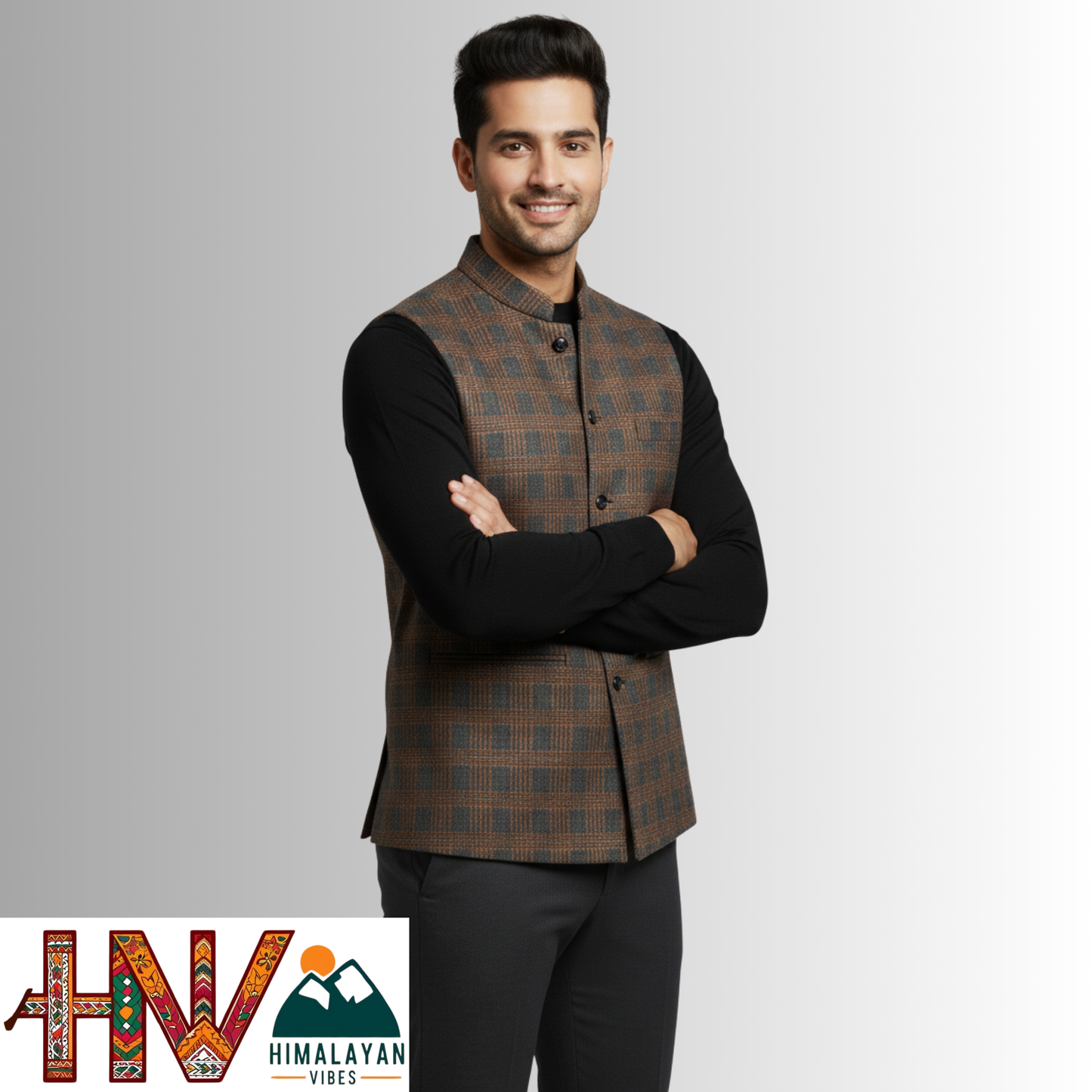Handcrafted Himalayan Vibes Chestnut Brown Checkered Winter Jacket Men | Traditional Himachali Craft | Stylish Winter & Formal Wear
