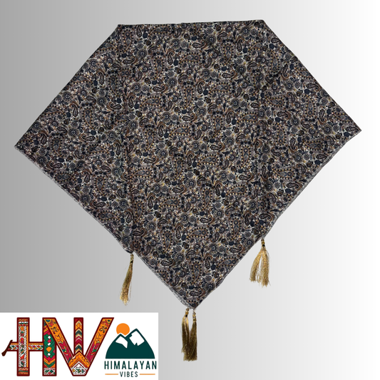 Traditional Himachali Dhatu Headscarf – Premium Rayon Grey Paisley Print with Gold Tassels