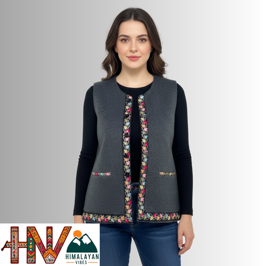Himachali Dark Grey Sadri with embroidered Lace for Women - Martin Fabric Ethnic Half Jacket with Pockets