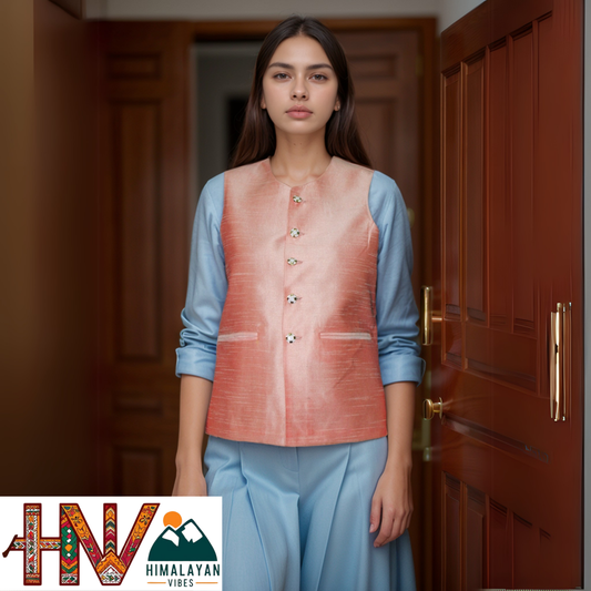 Handcrafted Pink Sadri for Women - Premium Raw Silk, U-Neck Design, Slim Fit Ethnic Wear