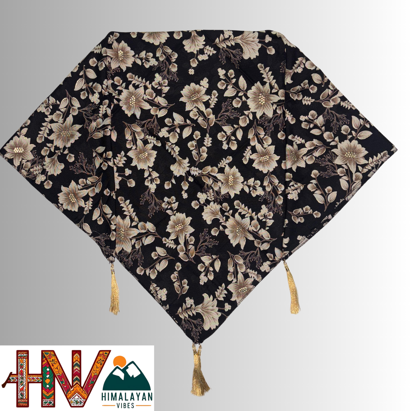 Himalayan Vibes Black Color Himachali Dhatu with Floral Print - Handcrafted Traditional Head Scarf from Himalayas