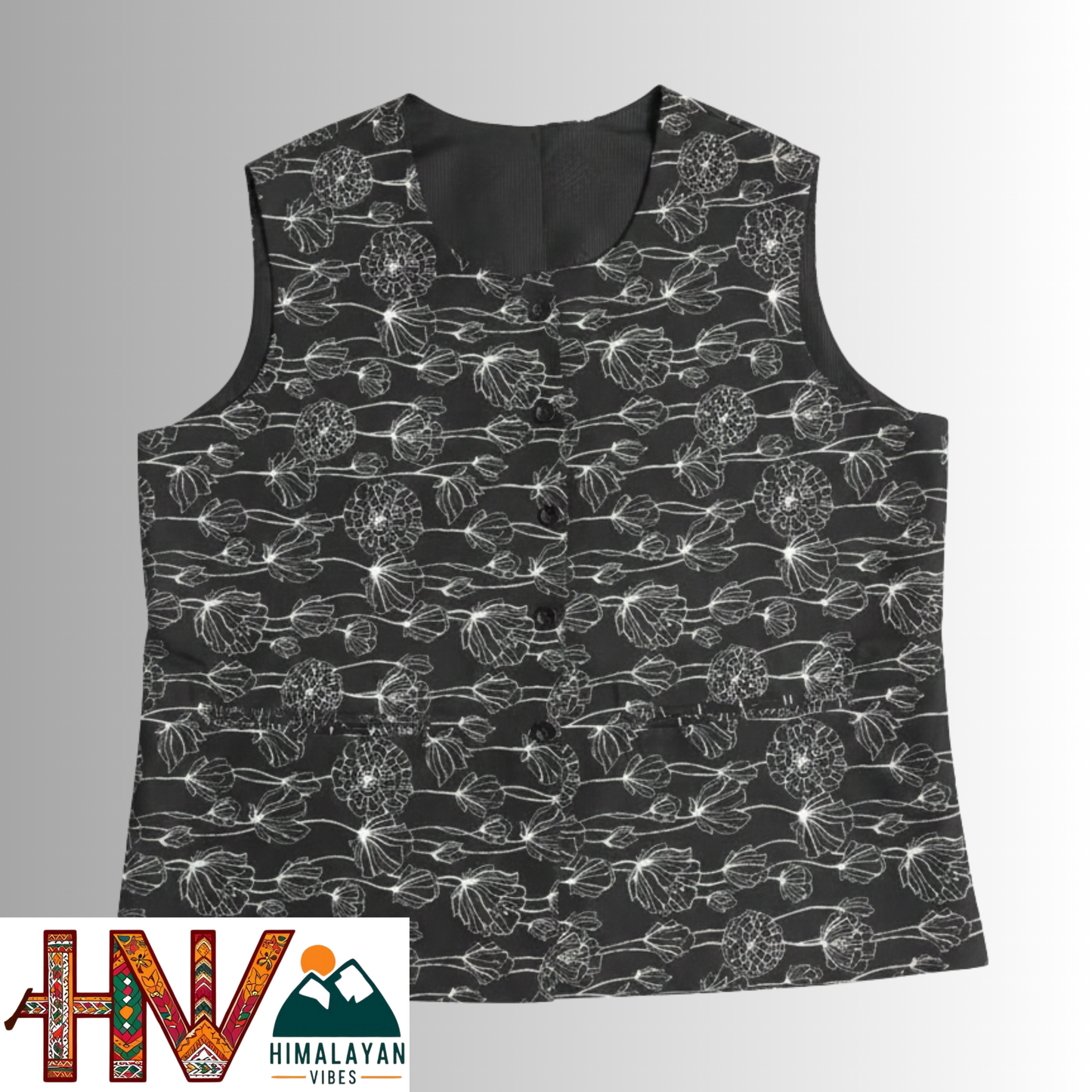 Himalayan Vibes Women's Pashmina Mix - Black & White Floral Print Sadri Dhatu Combo