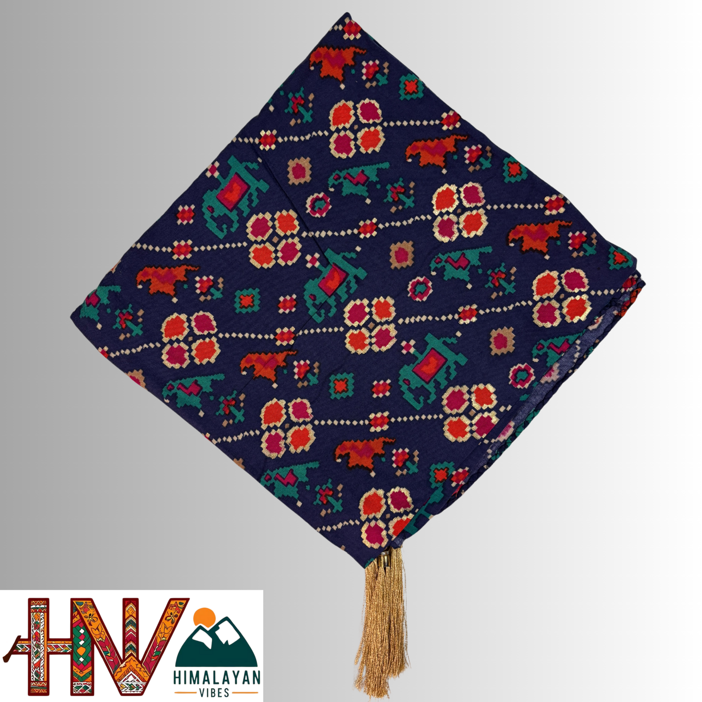 Himalayan Vibes Navy Blue Color Himachali Dhatu with Multicolor Print - Handcrafted Traditional Head Scarf from Himalayas