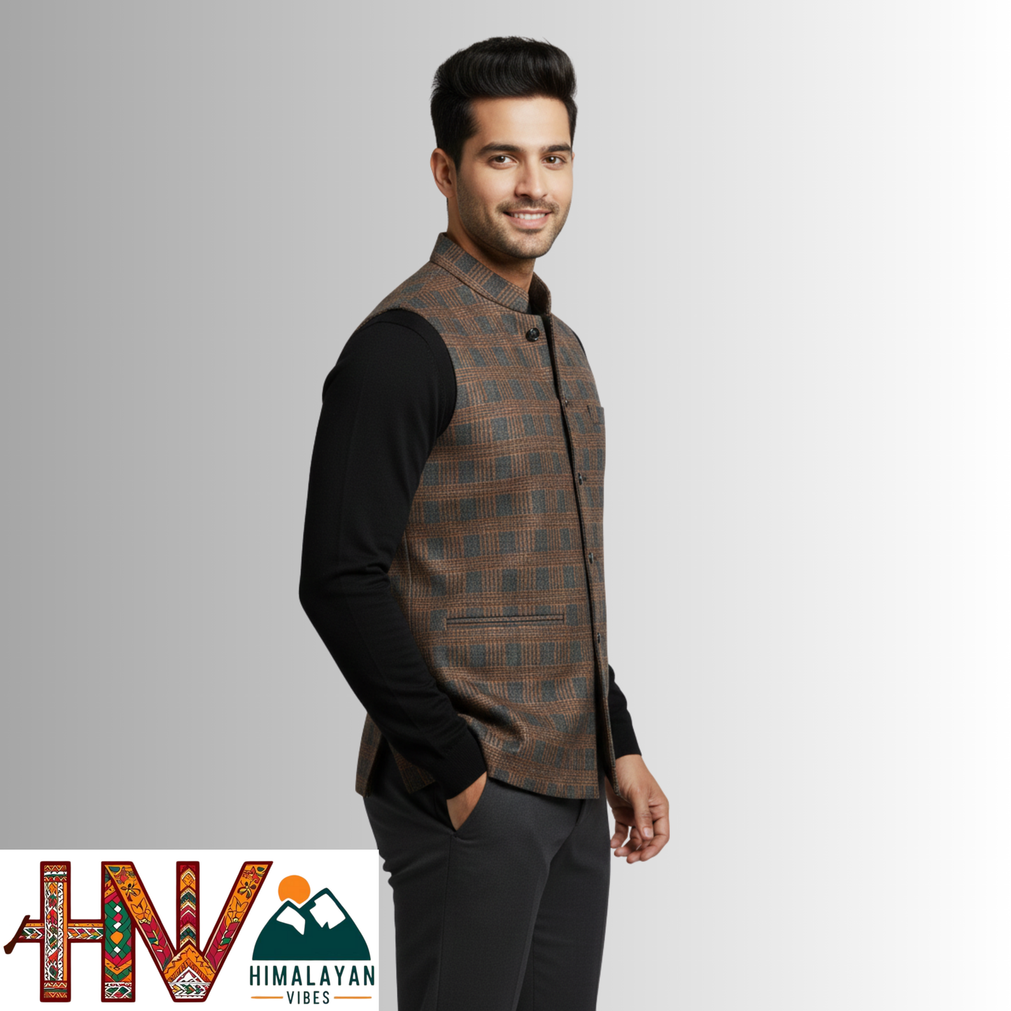 Handcrafted Himalayan Vibes Chestnut Brown Checkered Winter Jacket Men | Traditional Himachali Craft | Stylish Winter & Formal Wear