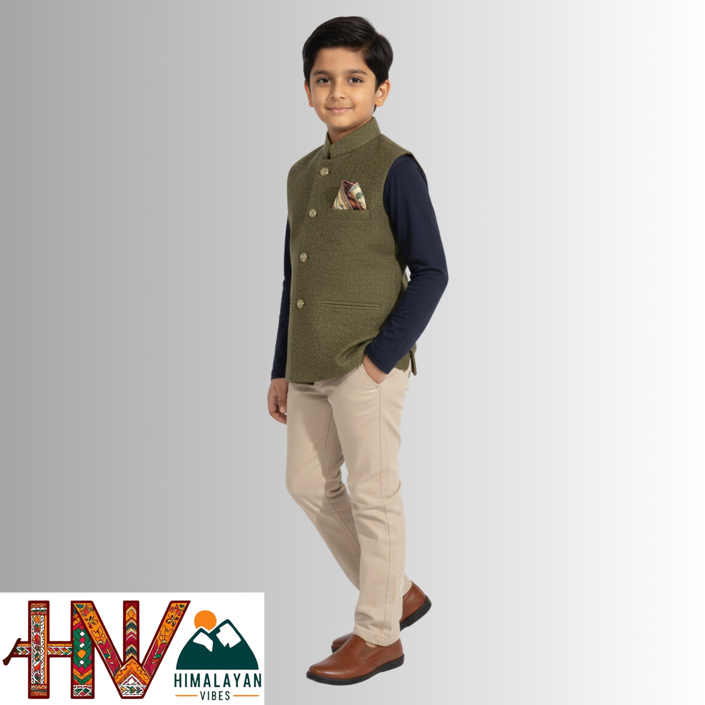 Boys Sleeveless Olive Green Nehru Jacket in Martin Fabric – Handcrafted Himachali Ethnic Waistcoat with Decorative Pocket Square