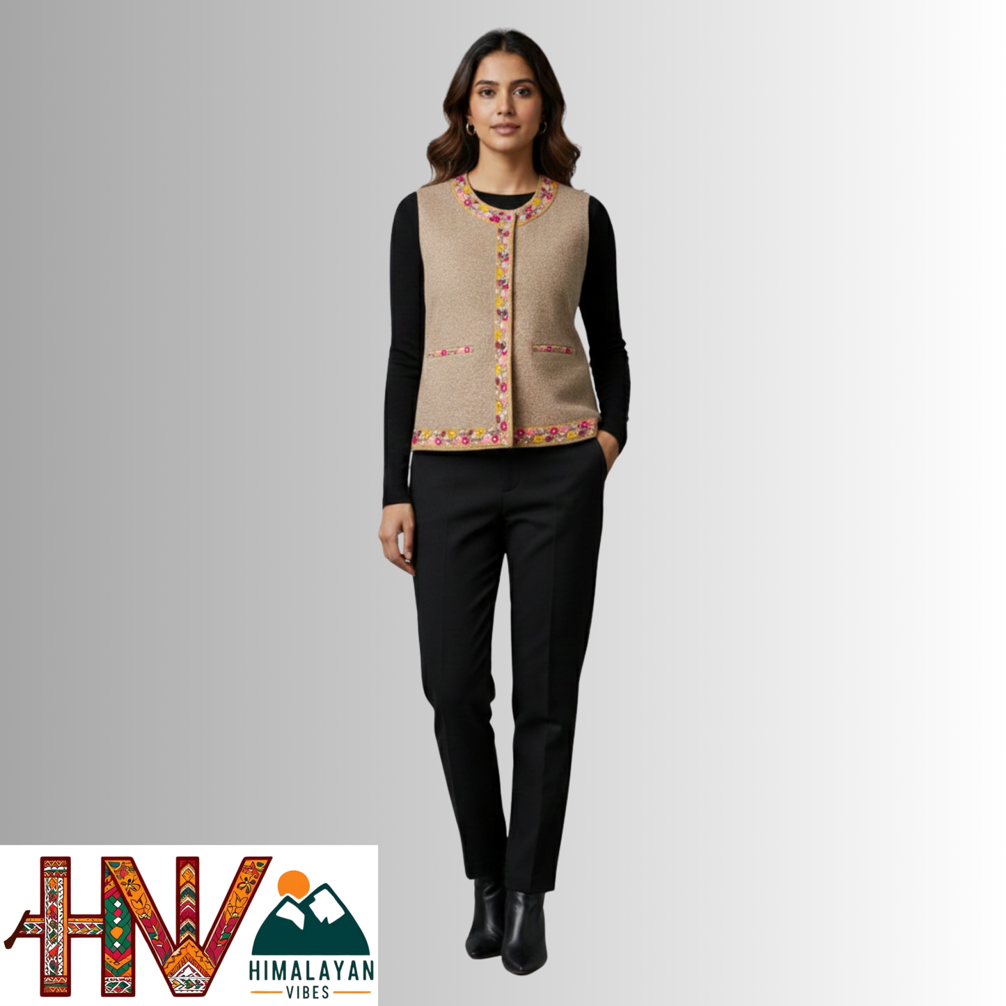 Himachali Cream Sadri with embroidered Lace for Women - Martin Fabric Ethnic Half Jacket with Pockets