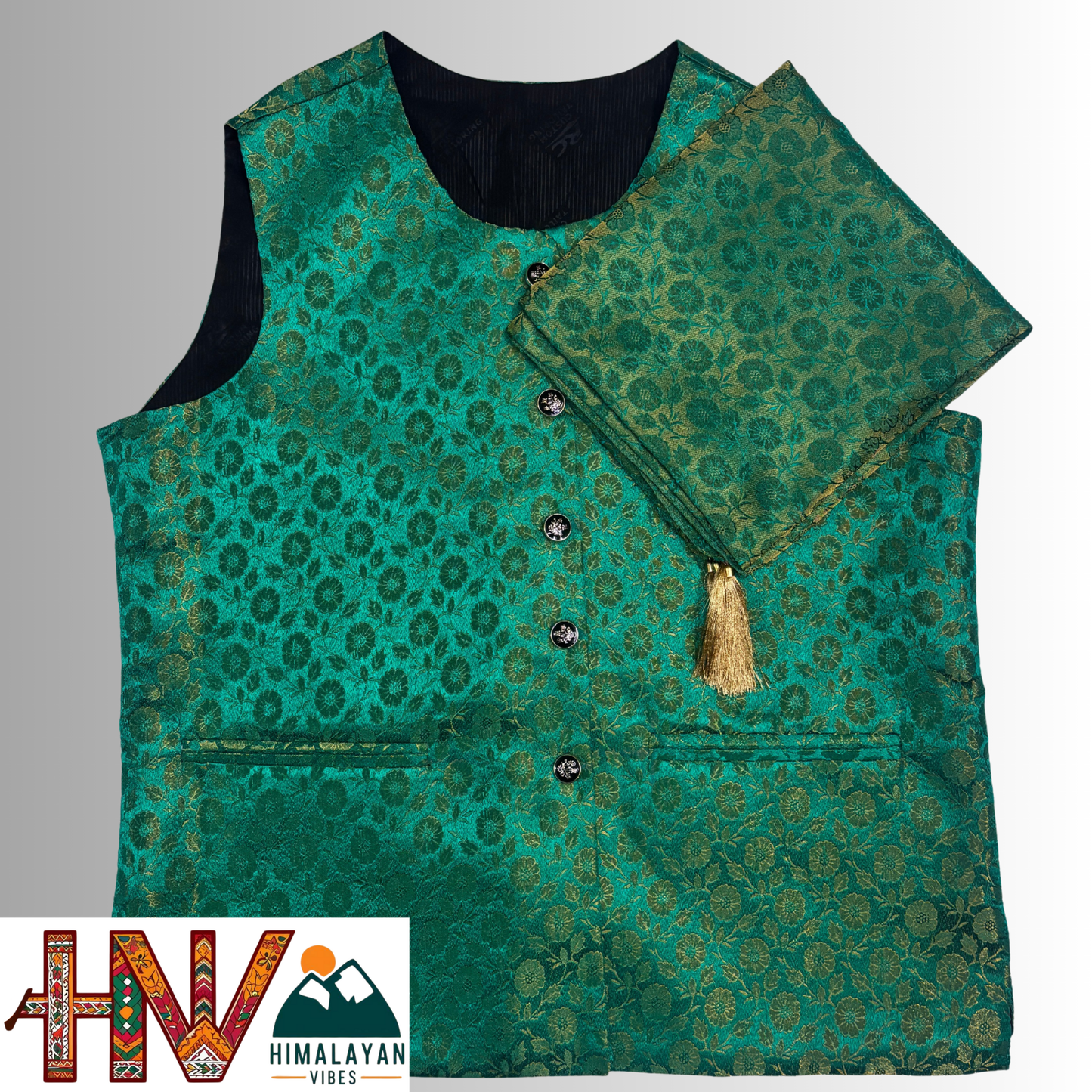 Himalayan Vibes Dark Green Brocade Sadri and Dhatu Combo