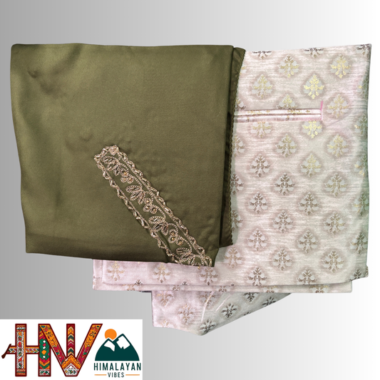 Brocade silk sadri & olive green embroidered dhatu combo