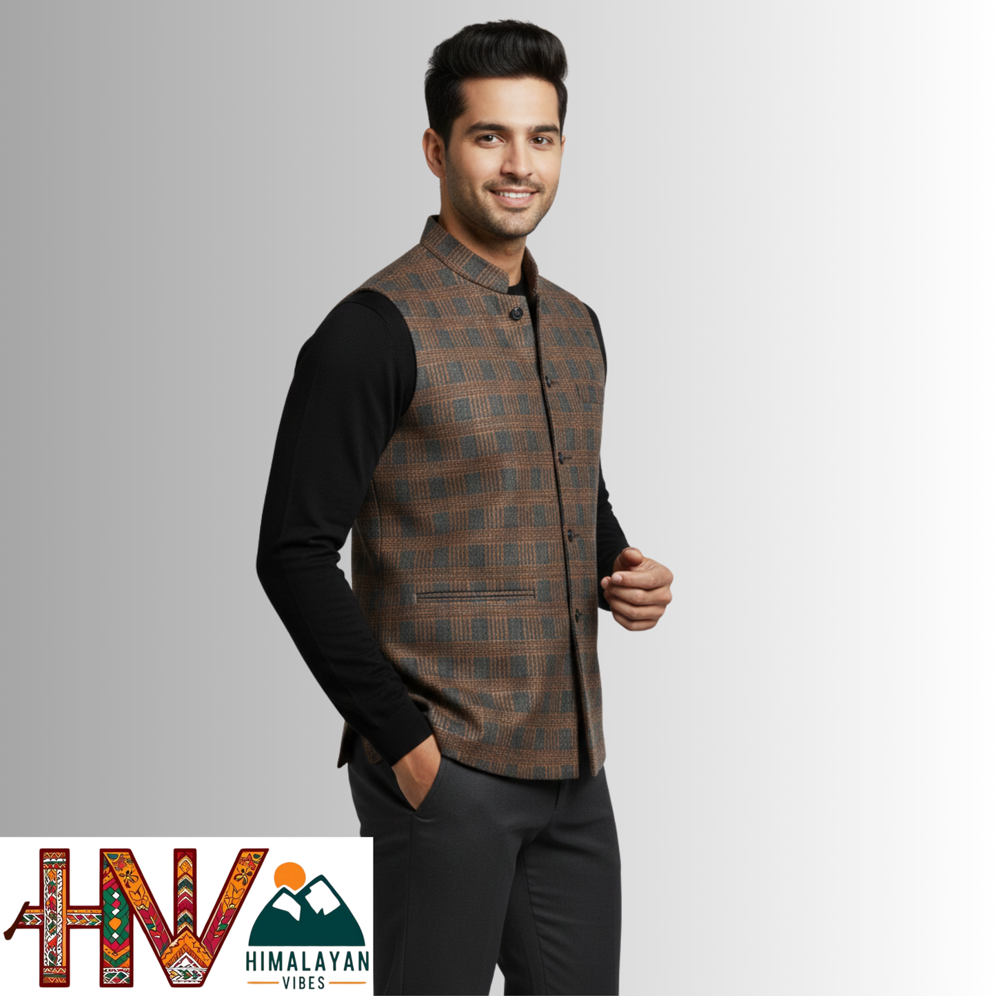 Handcrafted Himalayan Vibes Chestnut Brown Checkered Winter Jacket Men | Traditional Himachali Craft | Stylish Winter & Formal Wear