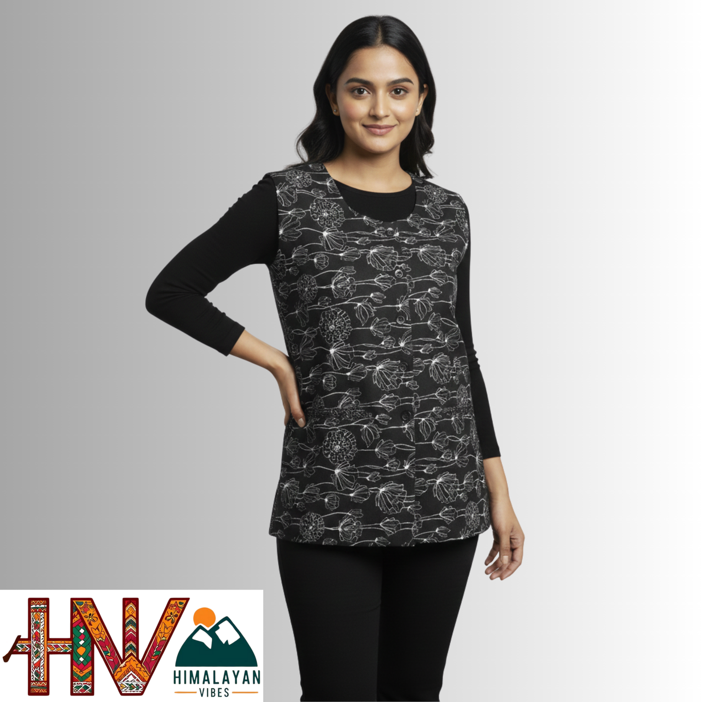 Himalayan Vibes Women's Pashmina Mix - Black & White Floral Print Sadri Dhatu Combo