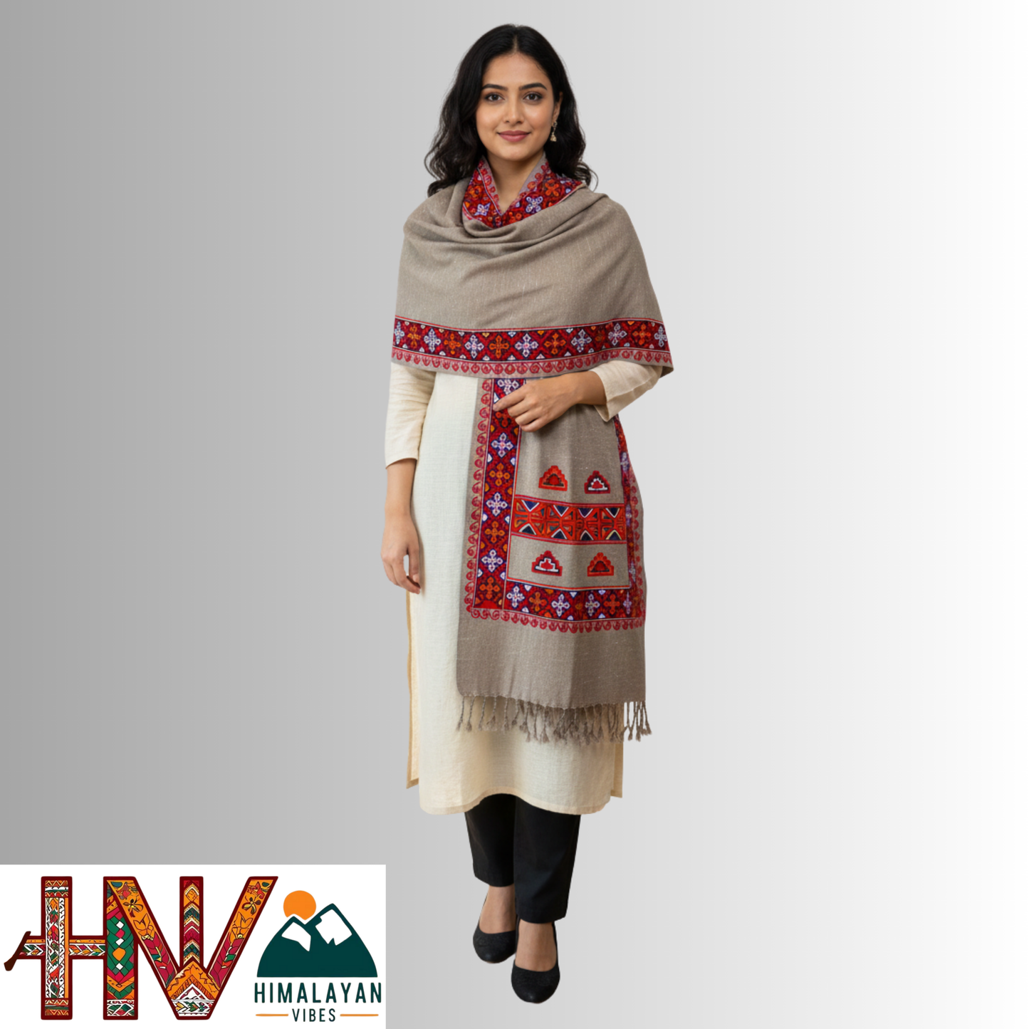 Handwoven Grey Kinnauri Woolen Stole with Traditional Kinnauri Patti Geometric Motifs with red Border– Handwoven Elegance By Himalayan Vibes