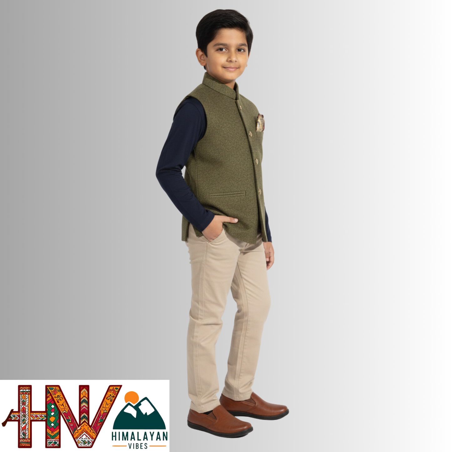 Boys Sleeveless Olive Green Nehru Jacket in Martin Fabric – Handcrafted Himachali Ethnic Waistcoat with Decorative Pocket Square