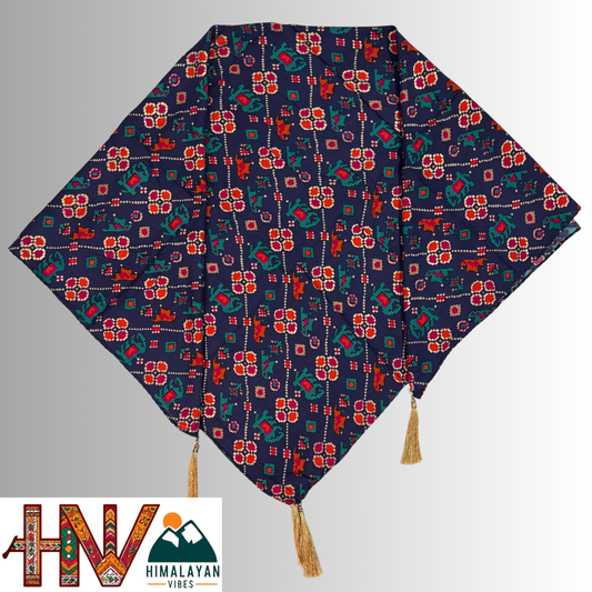Himalayan Vibes Navy Blue Color Himachali Dhatu with Multicolor Print - Handcrafted Traditional Head Scarf from Himalayas