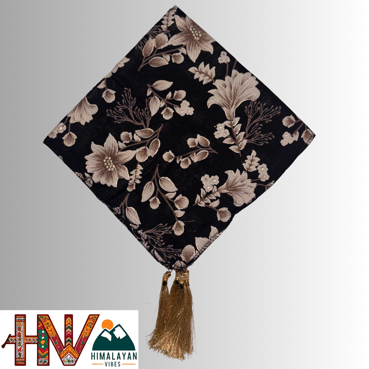 Himalayan Vibes Black Color Himachali Dhatu with Floral Print - Handcrafted Traditional Head Scarf from Himalayas