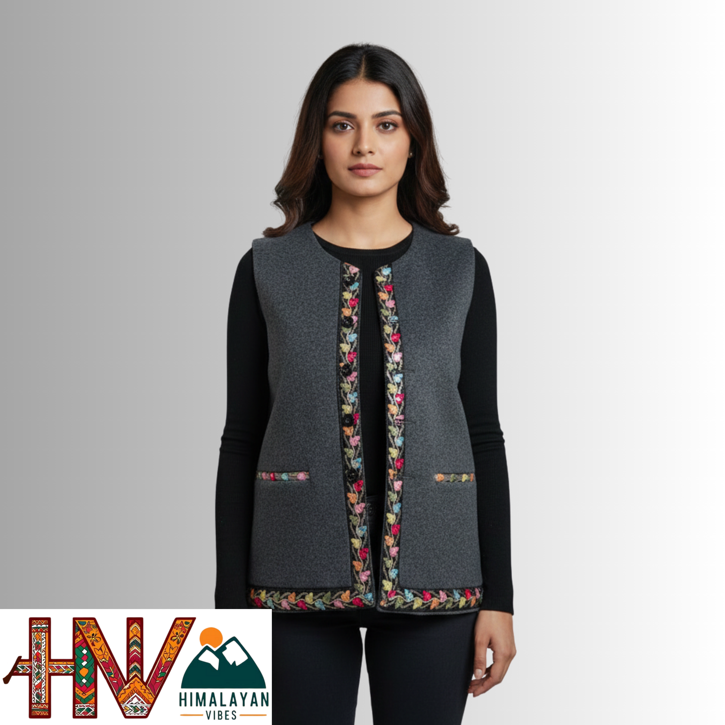 Himachali Dark Grey Sadri with embroidered Lace for Women - Martin Fabric Ethnic Half Jacket with Pockets
