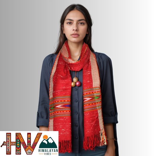 Handwoven Deep Red Kullu Wool Stole with Ethnic Kullu Patti Design By Himalayan Vibes