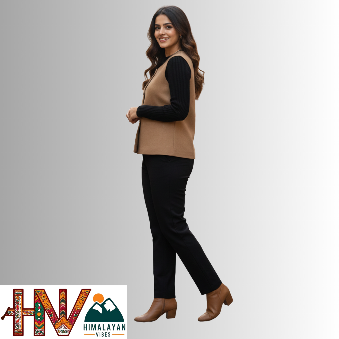 Himalayan Vibes Women's Plain Camel Brown Pashmina Mix Sleeveless Sadri