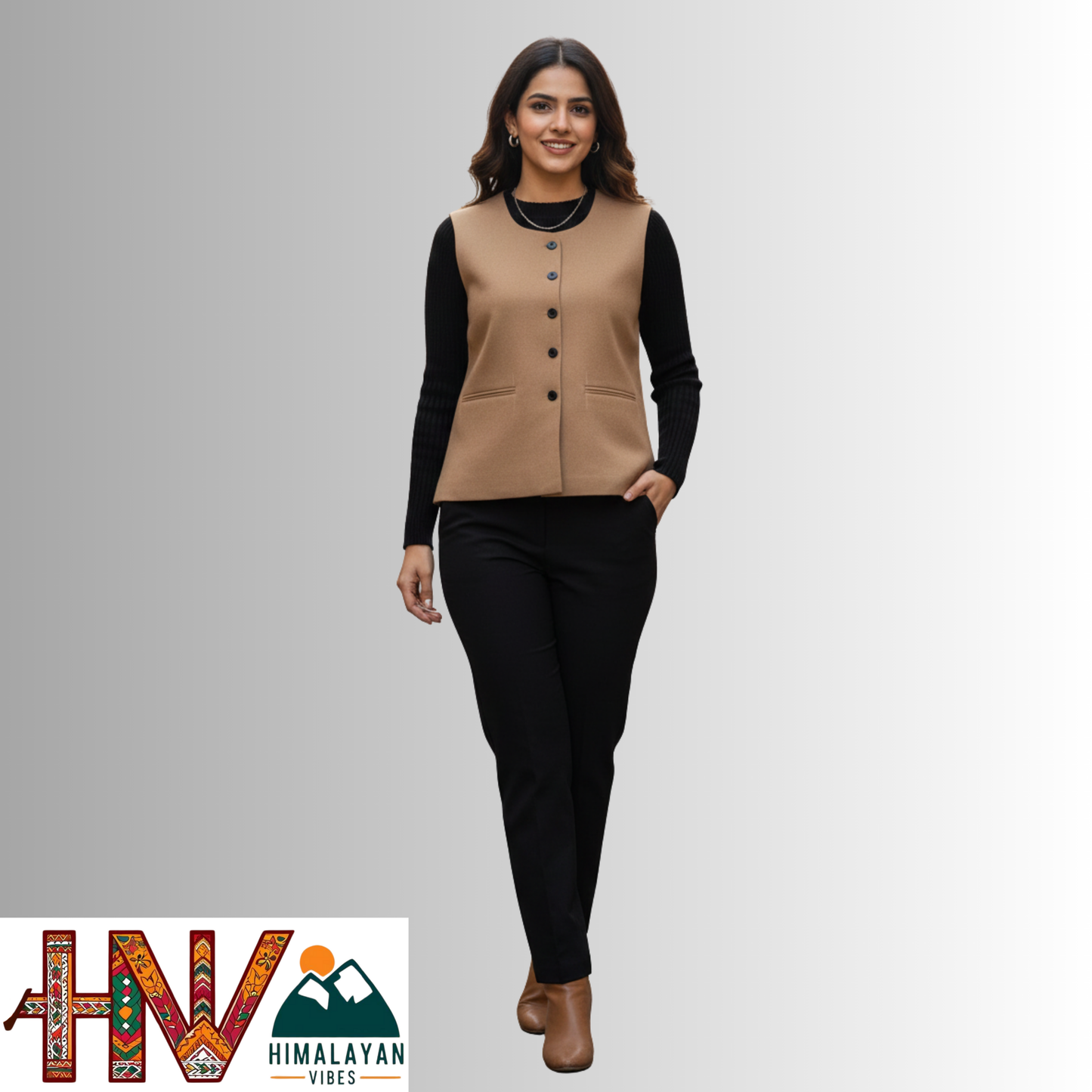 Himalayan Vibes Women's Plain Camel Brown Pashmina Mix Sleeveless Sadri