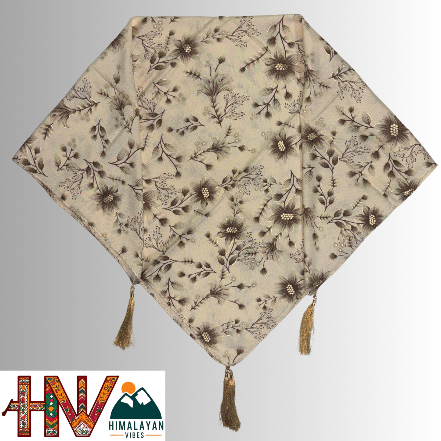 Himalayan Vibes Cream Color Himachali Dhatu with Floral Print - Handcrafted Traditional Head Scarf from Himalayas